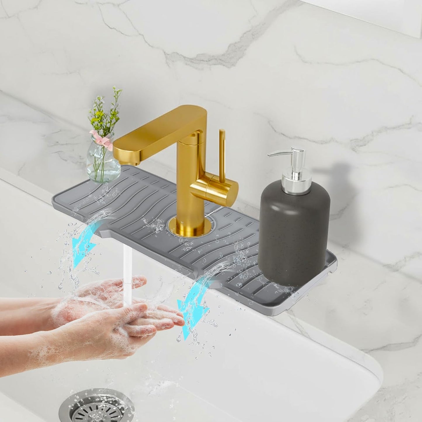 ODRAGO Silicone Kitchen Sink Splash Guard - 24.01 Inch Faucet Mat for Kitchen Sink Water - Longer Faucet Handle Drip Catcher Tray-Sink Guard for Kitchen Sink (Grey)