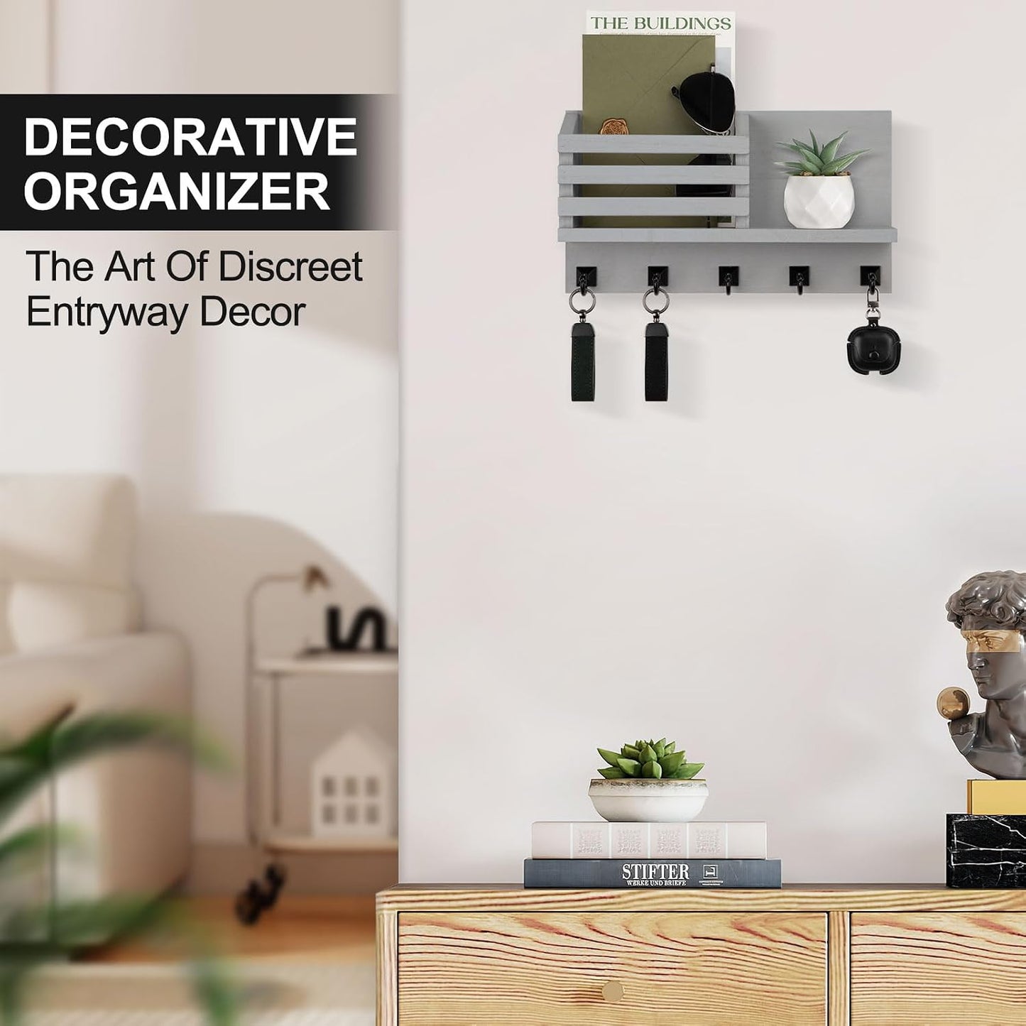 Key Holder Wall Mount, Mail Organizer for Wall with 5 Square Key Hooks | Key Holder for Wall, Key Holder with Shelf Farmhouse Home Decor for Home Entryway