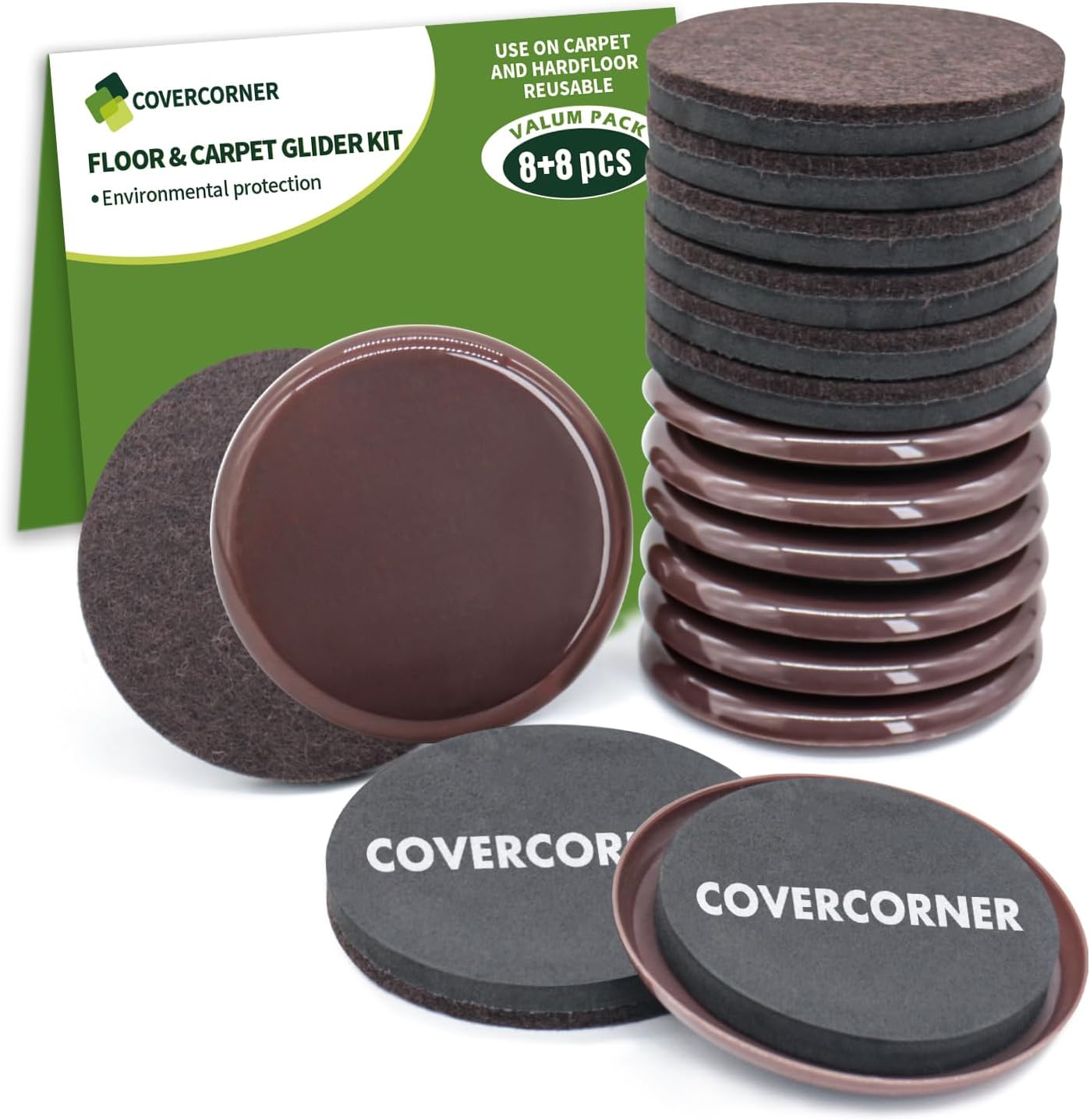 Furniture Sliders for Carpet and Hardwood, 8 PCS 3 1/2", Brown | Furniture Sliders for Hardwood Floors, Sliders for Moving Furniture, Furniture Movers Sliders, Combo Pack, Square