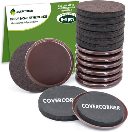 Furniture Sliders for Carpet and Hardwood, 8 PCS 3 1/2", Brown | Furniture Sliders for Hardwood Floors, Sliders for Moving Furniture, Furniture Movers Sliders, Combo Pack, Square