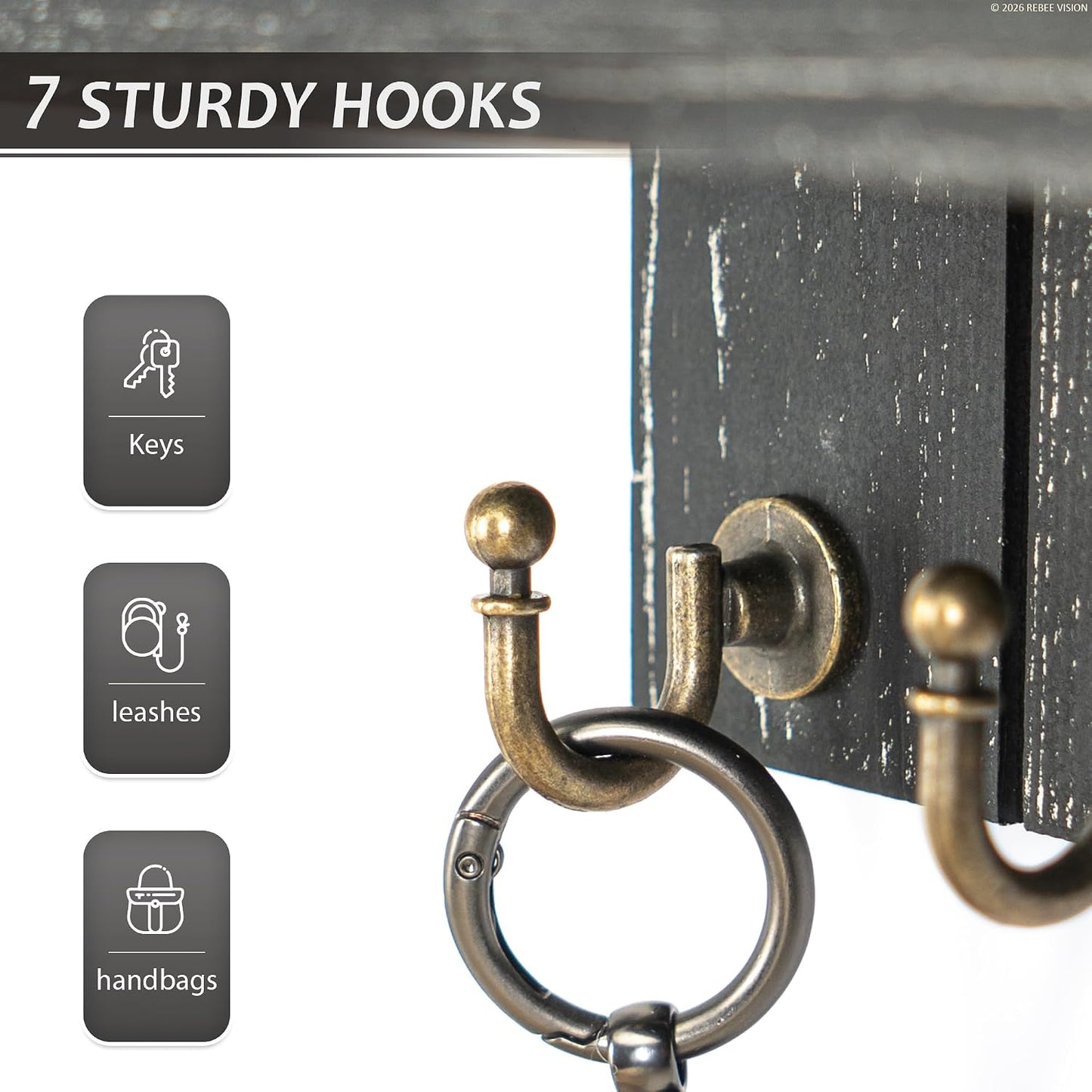 Rebee Vision Key Holder Wall Mount with 5 Key Hooks for Home Decor, Brown | 3.54'' x 10'' x 7.28'', Small Shelf for Display Plant, Key Hangers for Hat, Entryway Space-Saving Storage