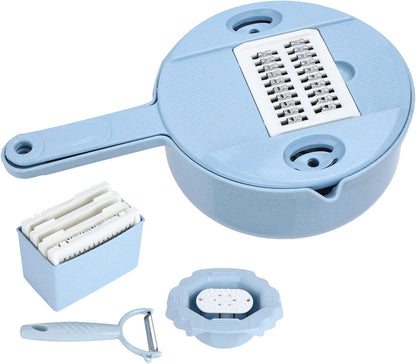 Food Shredder, Manual Vegetable Cutter Potato Grater Food Chopper with 4 Interchangeable Blades Storage Container Finger Guard Wheat Straw PP Kitchen Accessory for Home Meal Prep