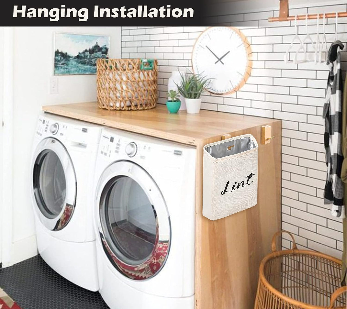 Kamehame Magnetic Lint Bin for Laundry Room Organization and Storage, Cotton Linen Lint Bag, Wall Mount Space Saving Washer Dryer Trash Can Collector