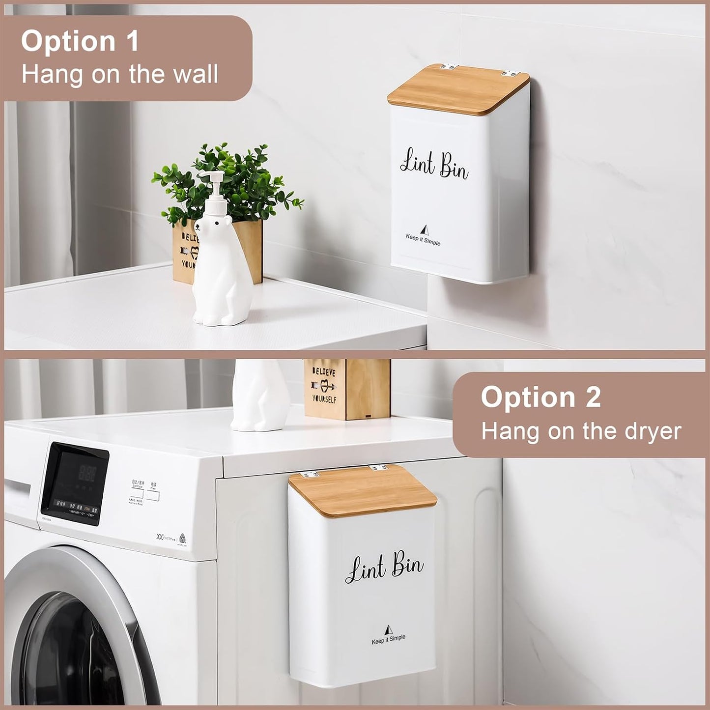 SUBEKYU Magnetic Lint Bin for Laundry Room Organization and Storage,White | Wall Mounted Metal Lint Box Holder Trash Can with Bamboo Lid for Dryer,Lint Basket for Laundry Room Decor