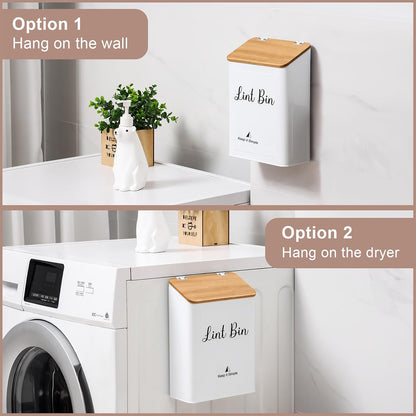 SUBEKYU Magnetic Lint Bin for Laundry Room Organization and Storage,White | Wall Mounted Metal Lint Box Holder Trash Can with Bamboo Lid for Dryer,Lint Basket for Laundry Room Decor