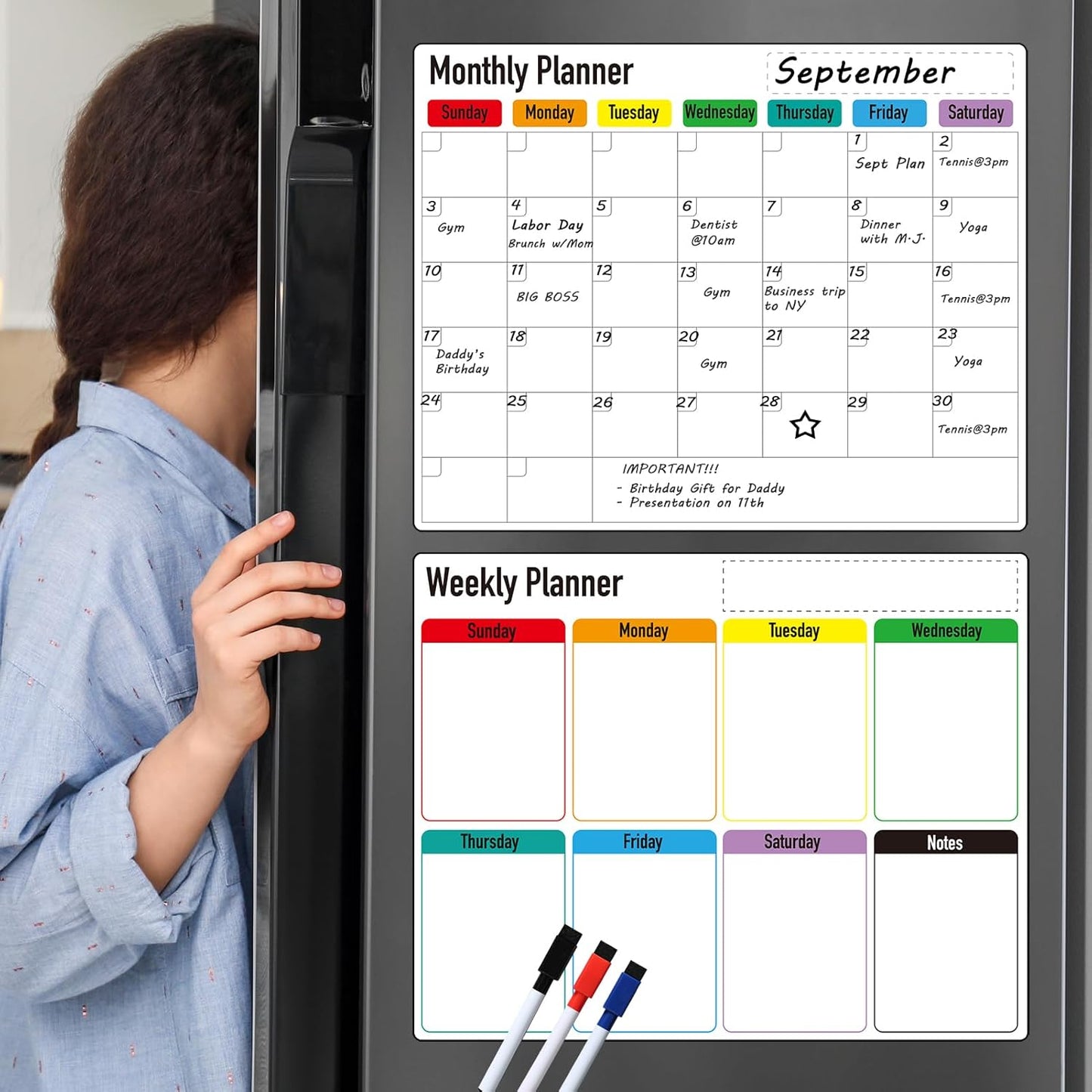 Magnetic Dry Erase Calendar for Fridge: Pack of 2-14.6” x 11.6” Magnetic Monthly and Weekly Planner for whiteboard, Family Organizer and Schedule Board for Home and Office