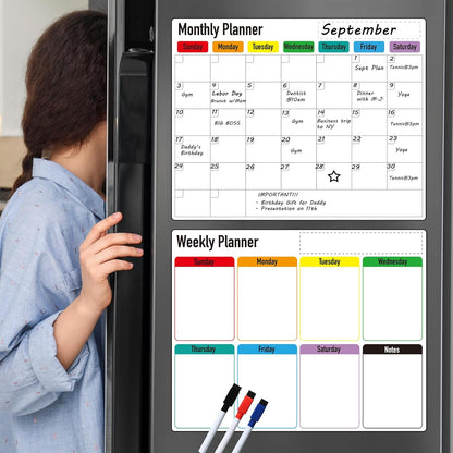 Magnetic Dry Erase Calendar for Fridge: Pack of 2-14.6” x 11.6” Magnetic Monthly and Weekly Planner for whiteboard, Family Organizer and Schedule Board for Home and Office