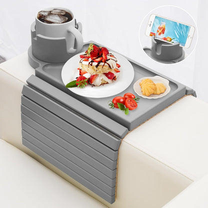 Couch Cup Holder - 3 in 1 Sofa Arm Tray with 360° Rotating Cup Holder & Phone Stand,Arm Chair Rest Table Fits Various of Large Width Couches Armrest,Anti-Slip Foldable Couch Tray for Drinks