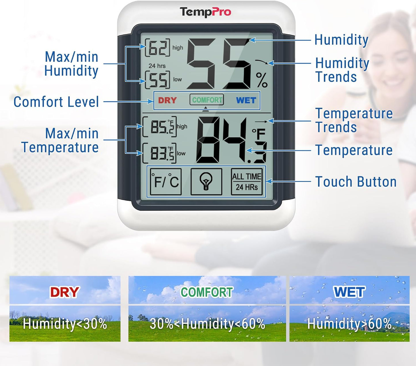 TempPro TempAir Digital Indoor Hygrometer Thermometer with Touchscreen | 4-Inch Temperature/Humidity Monitor with Backlit, Room Thermometer/Humidity Meter for House Home Greenhouse