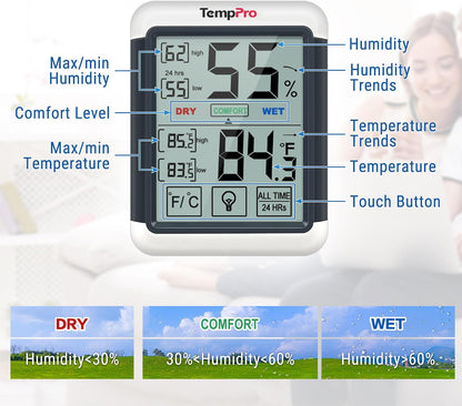 TempPro TempAir Digital Indoor Hygrometer Thermometer with Touchscreen | 4-Inch Temperature/Humidity Monitor with Backlit, Room Thermometer/Humidity Meter for House Home Greenhouse