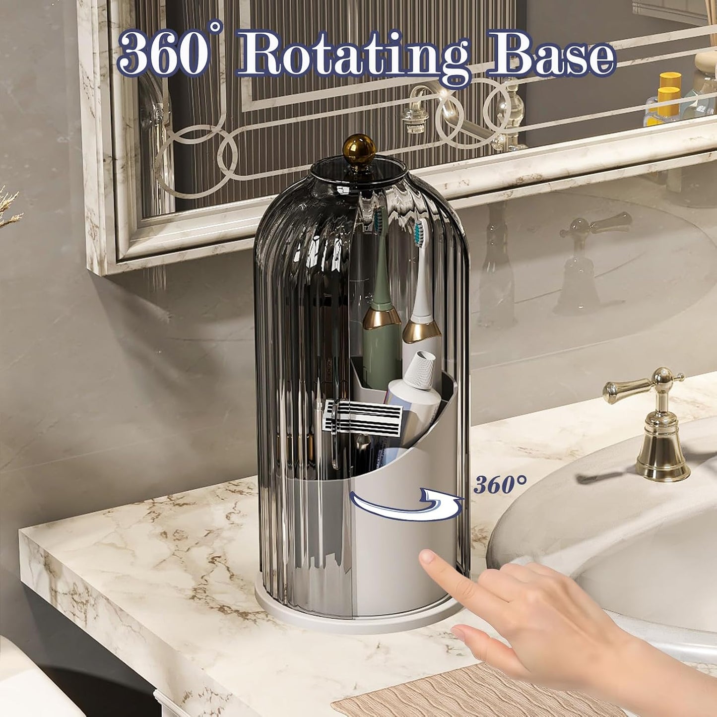 Toothbrush and Toothpaste Holders with Cover, Grey White | Waterproof and Dustproof, 360° Rotating Base, Smooth Sliding Door, 3 Slots, for Bathroom Countertop