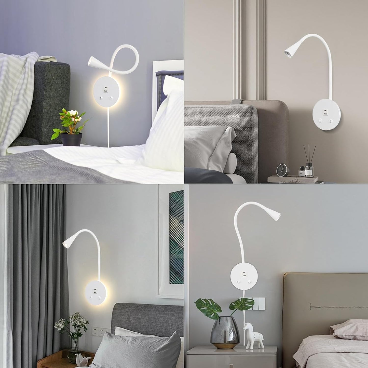 Book Lights for Reading at Night, LED Wall Mounted Reading Light, Flexible Gooseneck Wall Lamps for Bedroom, Plug in Wall Lights with USB Charging, Bedside Wall Sconces Focused Bed Lamp (Black)