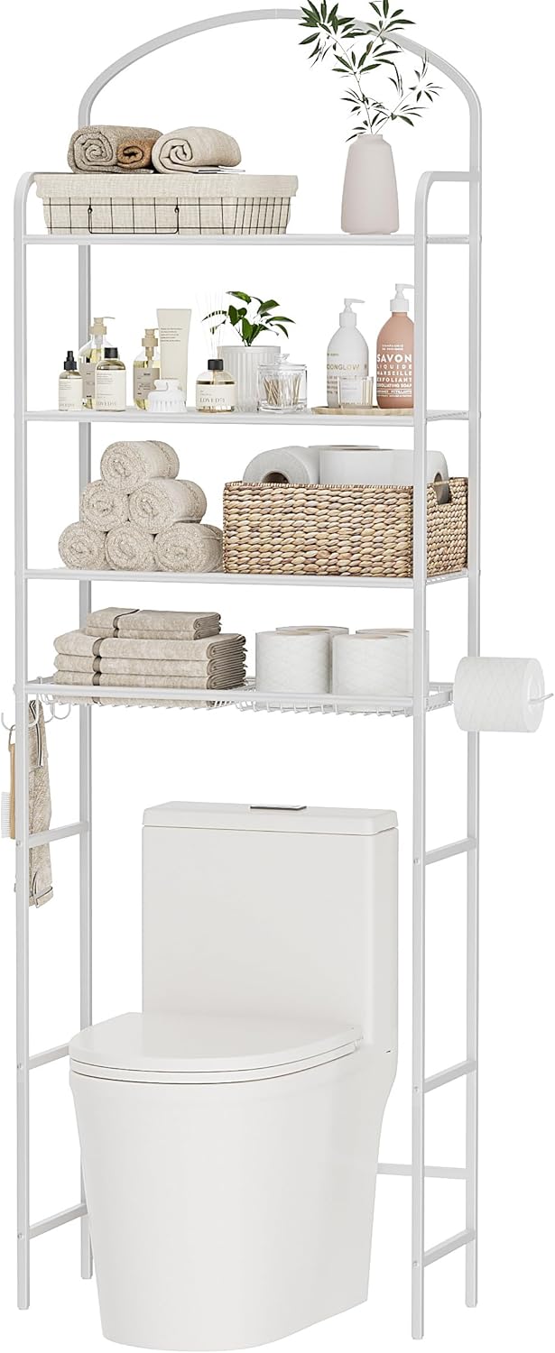 3 Tier Over The Toilet Storage Rack, Bathroom Organizer | Toilet Storage with 4 Hooks & Paper Holder, Space-Saving, Freestanding Bathroom Shelf, Metal, White