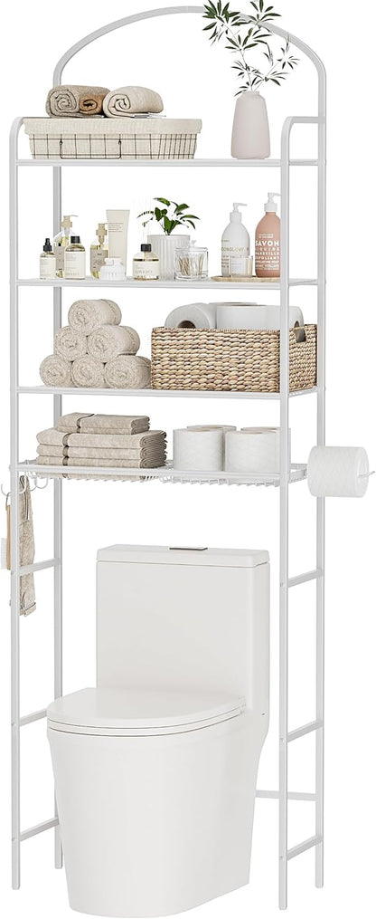 3 Tier Over The Toilet Storage Rack, Bathroom Organizer | Toilet Storage with 4 Hooks & Paper Holder, Space-Saving, Freestanding Bathroom Shelf, Metal, White