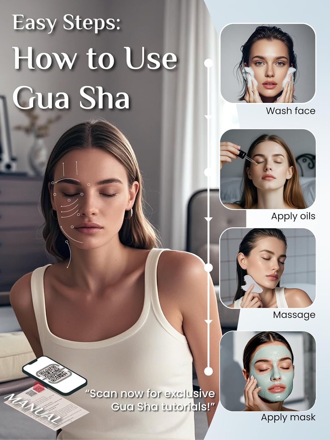 Rena Chris Gua Sha Facial Tools, Stainless Steel Guasha Tool for Acupuncture, Manual Massage Tool for Jawline Sculpting and Puffiness Reducing, Gua Sha Facial Massage Tool, Skin-Care Gift (Silver) | Face Massage Tool for Jawline Sculpting, Puffiness