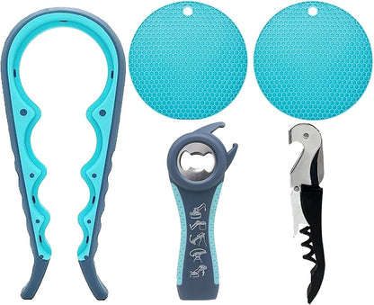 Jar Opener for Seniors with Arthritis,Jar Opener for Weak Hands,5-in-1 Bottle Opener,4-in-1 Can Opener (A-Blue)