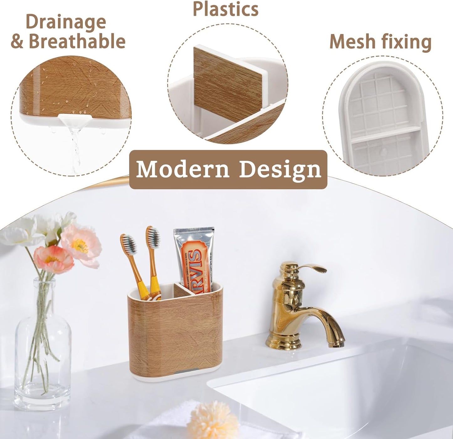 Bamboo Toothbrush Holder for Bathrooms Toothpaste Organizer, Small, White | 2 Slots, Easy to Clean, Plastic, Kids Electric Toothbrush, Drainage, Removable, For Bathroom, Vanity, Kitchen Sink, Office