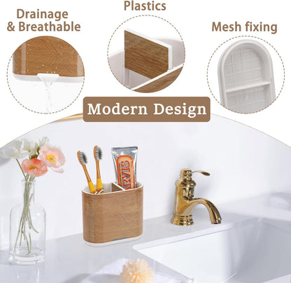 Bamboo Toothbrush Holder for Bathrooms Toothpaste Organizer, Small, White | 2 Slots, Easy to Clean, Plastic, Kids Electric Toothbrush, Drainage, Removable, For Bathroom, Vanity, Kitchen Sink, Office
