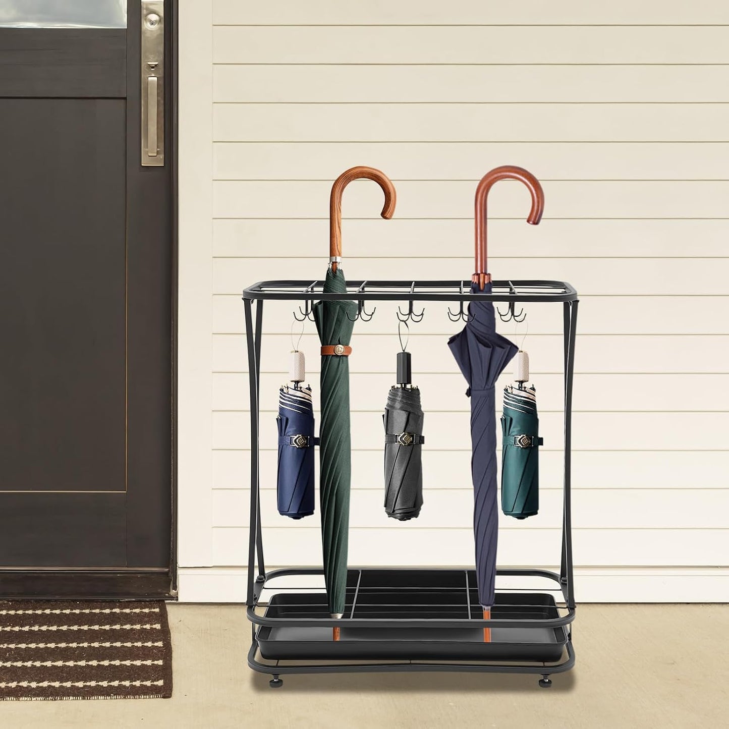 Metal Umbrella Holder 18 Slots with 10 Hooks, Umbrella Stand for Entryway | For Home Office Lobby Entryway; Heavy Duty Iron, Removable Drip Tray, Holds Long/Short Umbrellas