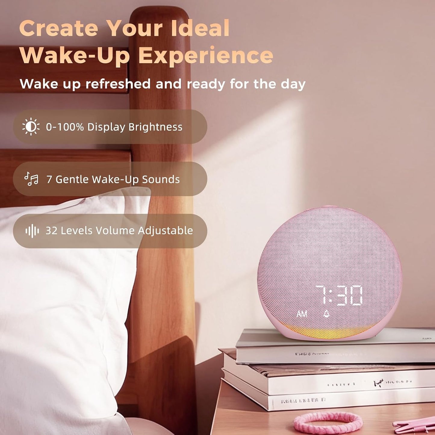 Sound Machine Alarm Clock for Bedroom: 25 Natural Sleep Sounds | White Noise Machine for Adults Kids Baby - Gentle Wake Up Alarm with Bluetooth Speaker - Putty