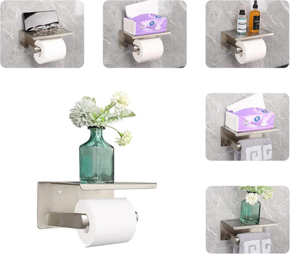 NearMoon Toilet Paper Holder with Shelf, Heavy Duty Bath Toilet Roll Holder with Phone Shelf Tissue Hanger for Bathroom/Kitchen No Drill or Wall Mounted(304 Stainless Steel, Brushed Gold)