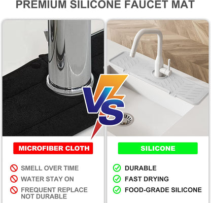 Silicone Faucet Mat for Kitchen Sink – Gen 2 Splash Guard with Upgraded Outlet & Slope – 18” x 5.1” Water Catcher & Sink Sponge Holder for Kitchen and Bathroom (Black)
