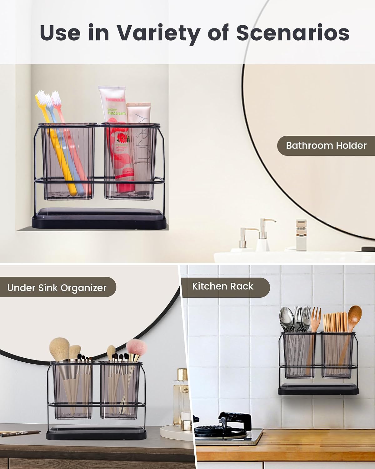 Clear Toothbrush Holders for Bathroom, 2 Cups Wall Mounted, Dry & Wet Separation, Organizers and Storage Set for Family Kids