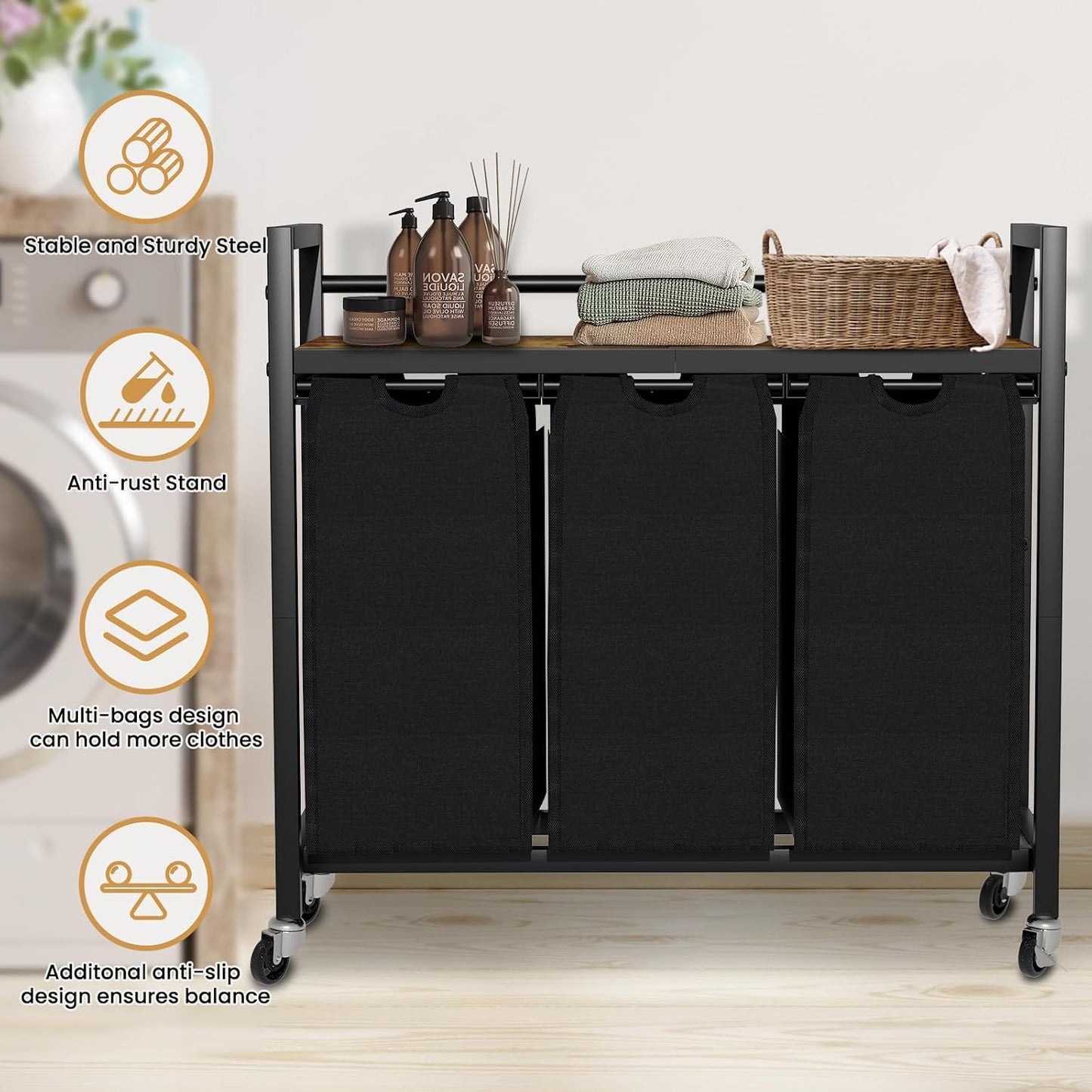 SwaaVee Laundry Sorter, Laundry Hamper 3 Section, 3×11.4Gal, Metal Frame Rolling Laundry Basket with Wooden Top Shelf, Pull out and Removable Laundry Bags, 3 Bags-Black