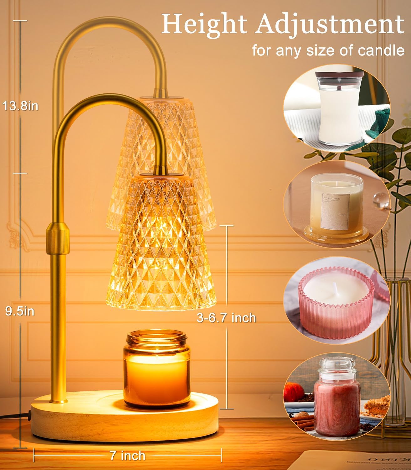 Candle Warmer Lamp Electric Timer - Candles Wax Warmers Glass Lamps for Jar Candles Burner No Flame Scented Melting Warming Lantern Adjustable Height Dimmable Light with 2 Bulb for Home Living Bedroom