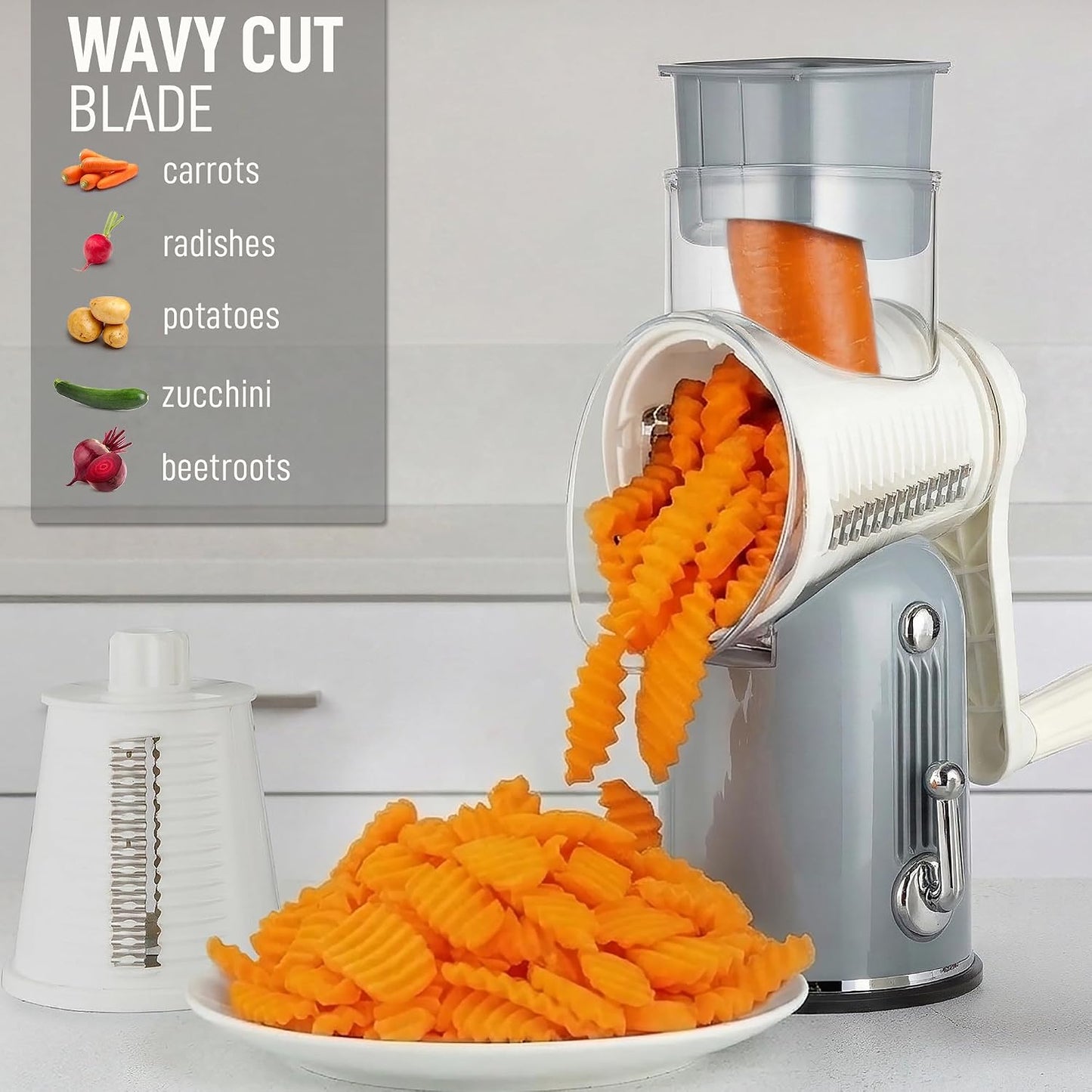 Zulay Kitchen Rotary Cheese Grater 5 Blade Cheese Shredder - Manual Hand Crank Cheese Grater With Reinforced Suction & 5 Interchangeable Drums - Easy to Use, Vegetable Chopper Round Mandoline Slicer - Colors A