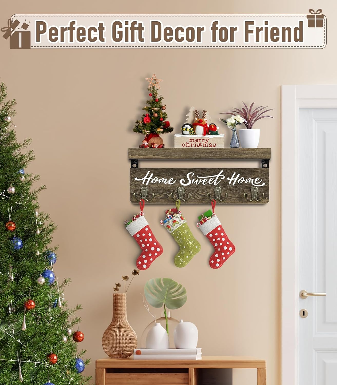 buways Key Holder Wall Mount with 8 Hooks and Cozy Home Sign (Gray) | Solid Wood, Floating Shelf for Keys, Mail, and Daily Essentials in Entryways, Hallways or Home Decor