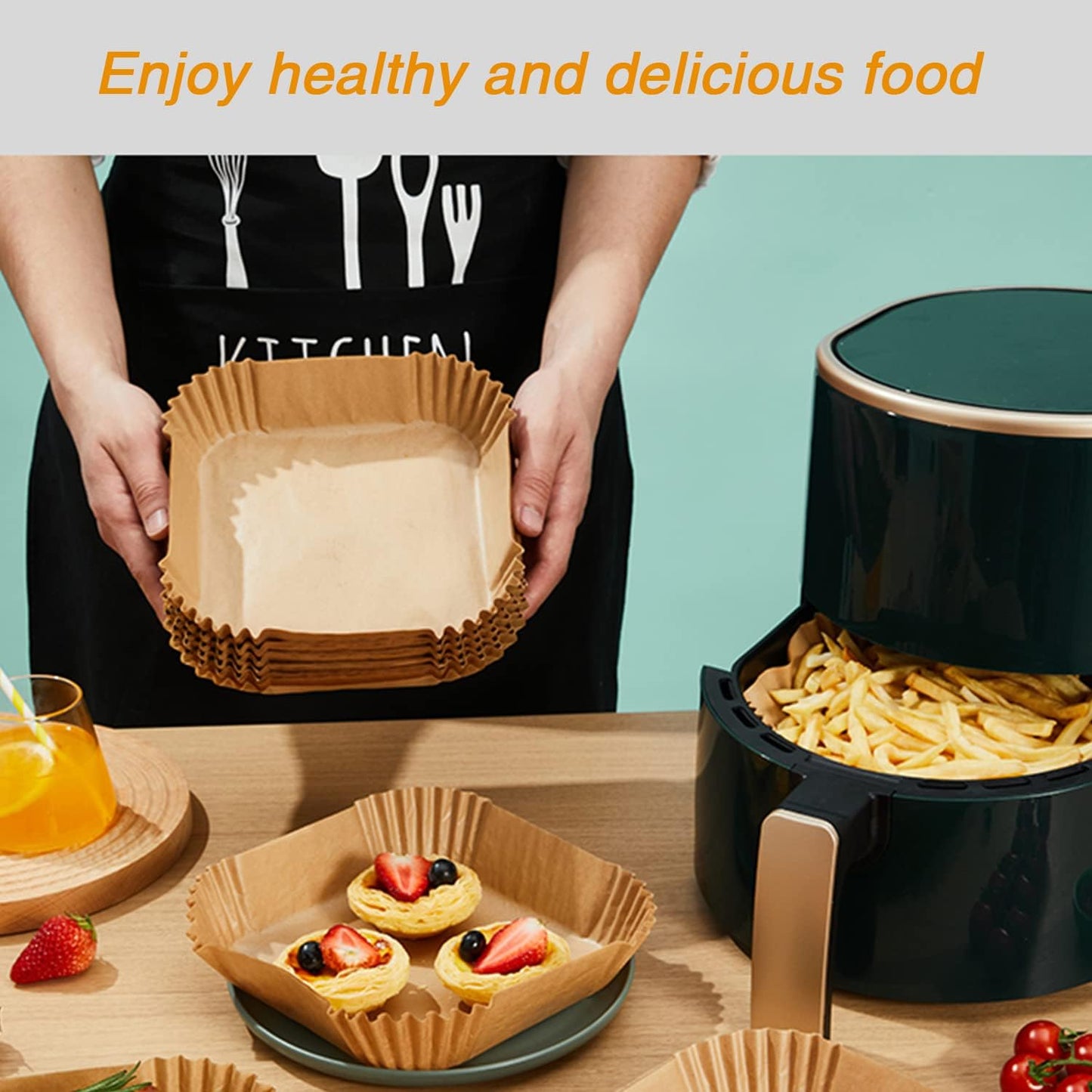 Ailun 100PCS Air Fryer Paper Liners 8 Inch,for 5-8 QT Air Fryer | Oil Resistant, Disposable Food Grade, Free of Bleach Paper, Round, Non-Stick Parchment Paper, Baking, Roasting, Microwave