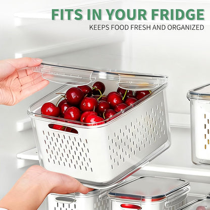 3 Pcs Fruit Containers for Fridge, Strawberry Storage Containers for Fridge, Food Storage Container with Airtight Lid, Removable Colander Basket for Rinsing and Draining, Keep Produce Fresh Longer
