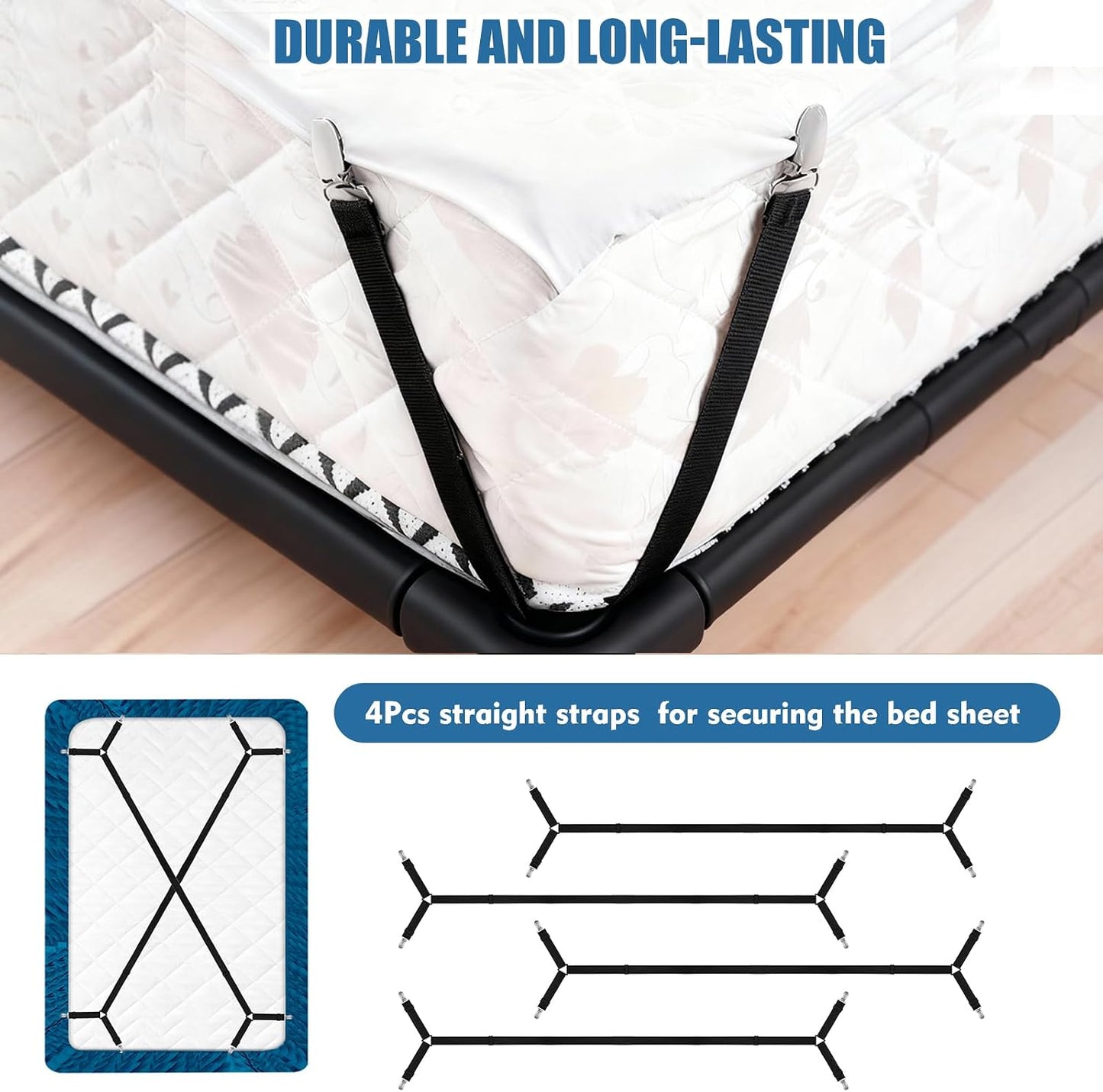 4Pcs Sheet Holders, Adjustable Bed Sheet Holders for Corners Elastic | Sheet Straps Upgrade with Metal Clips Keep Sheet Firm & Tight, Non-Slip Strong for Crib to King Size Bed