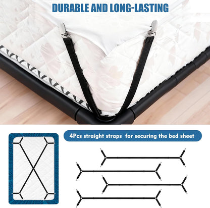 4Pcs Sheet Holders, Adjustable Bed Sheet Holders for Corners Elastic | Sheet Straps Upgrade with Metal Clips Keep Sheet Firm & Tight, Non-Slip Strong for Crib to King Size Bed