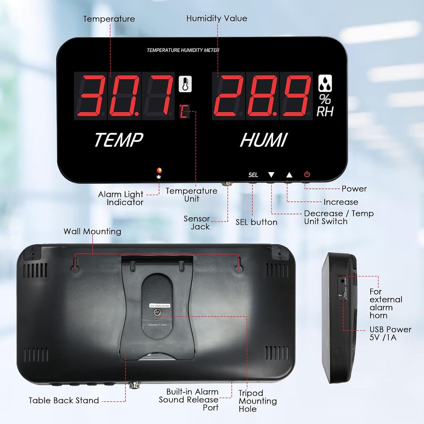 Indoor Thermometer Hygrometer Large LCD Display with 5M External Sensor | Digital Wall Temperature Humidity Meter with 18 Inch Screen Monitor, High/Low Alarm for Warehouse Greenhouse Home Office Lab