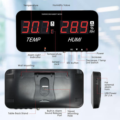Indoor Thermometer Hygrometer Large LCD Display with 5M External Sensor | Digital Wall Temperature Humidity Meter with 18 Inch Screen Monitor, High/Low Alarm for Warehouse Greenhouse Home Office Lab