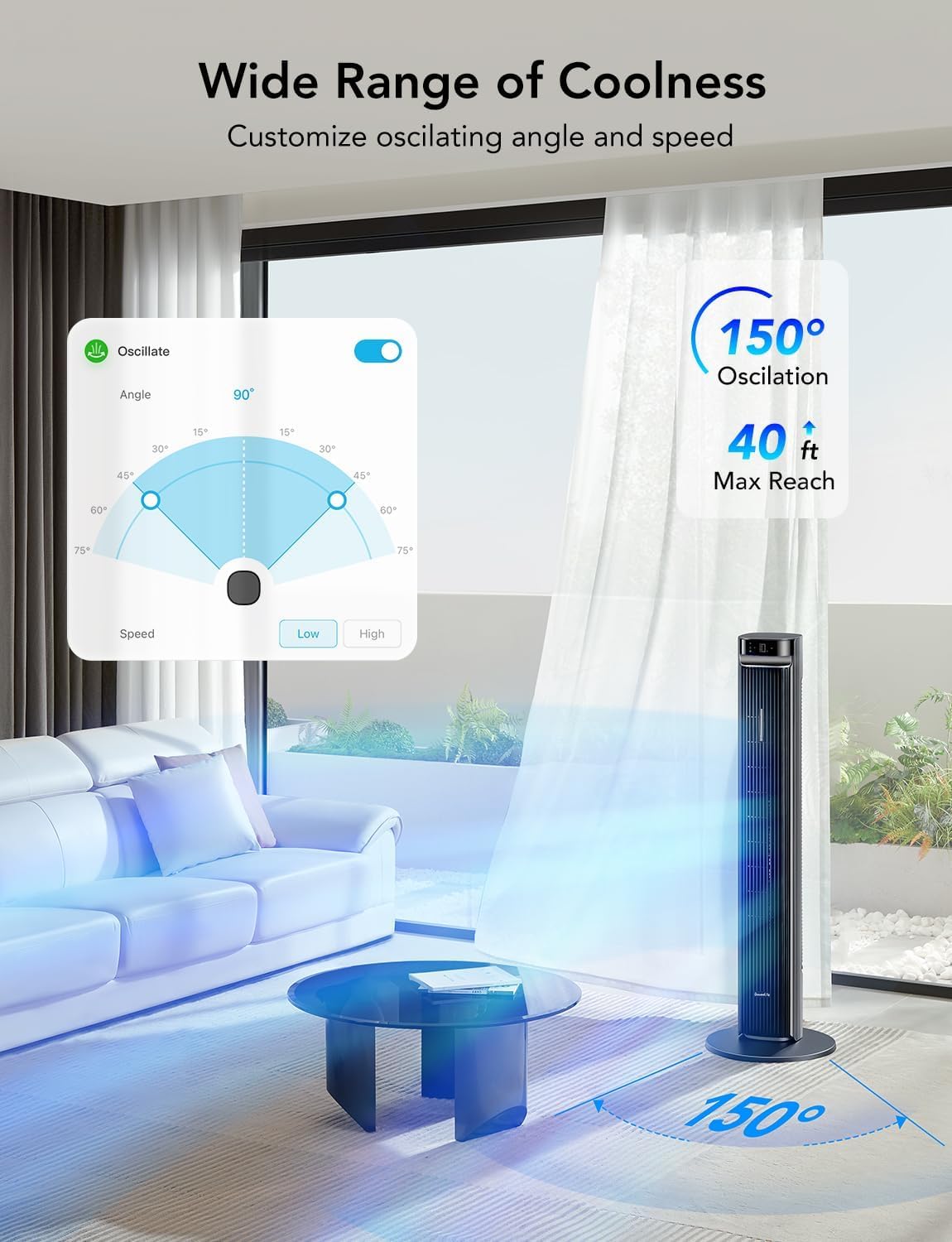 GoveeLife 42'' Tower Fan for Bedroom, Smart Floor Fans with 150° Adjustable Oscillating, APP & Voice Control, 5 Modes 12 Speeds up to 26ft/s, 24H Timer, 27dB Quiet Fan for Cooling Home Office Silver | Smart Floor Fans for Bedroom, up to 26ft/s, APP &