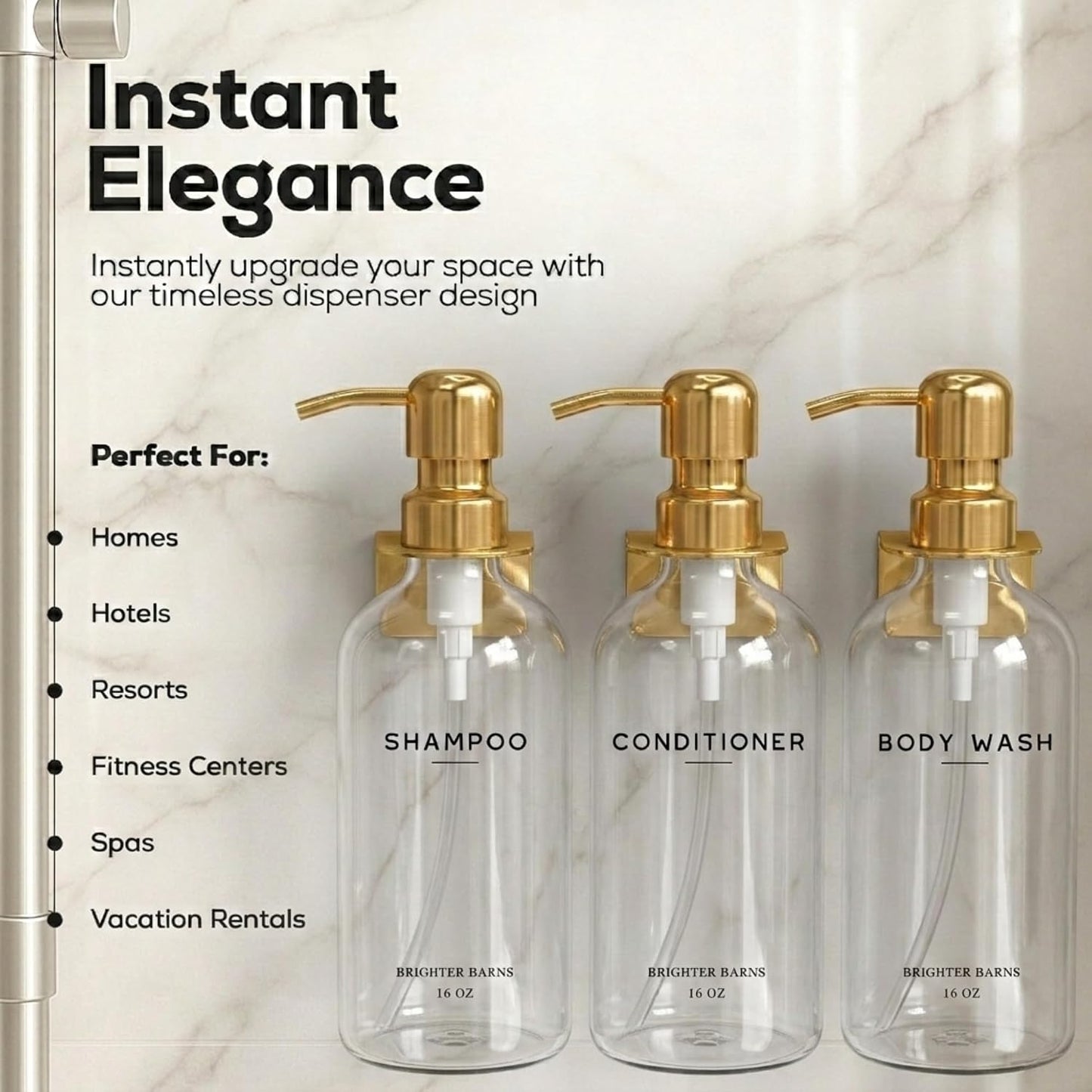 White Shampoo and Conditioner Dispenser Set Wall Mounted by Brighter Barns - Shower Dispenser 3 Chamber No Drill - Refillable Shampoo and Conditioner Bottles for Shower Wall in Airbnb, Hotel (White)