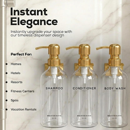 White Shampoo and Conditioner Dispenser Set Wall Mounted by Brighter Barns - Shower Dispenser 3 Chamber No Drill - Refillable Shampoo and Conditioner Bottles for Shower Wall in Airbnb, Hotel (White)
