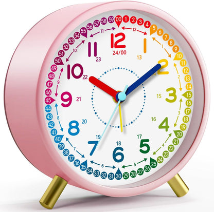 Kids Alarm Clock, Silent Non-Ticking, Analog Learning Clock for School Beginners, Stylish Round Metal Clock, Easy to Read, Battery Operated, Loud Ringing Back to School Gifts