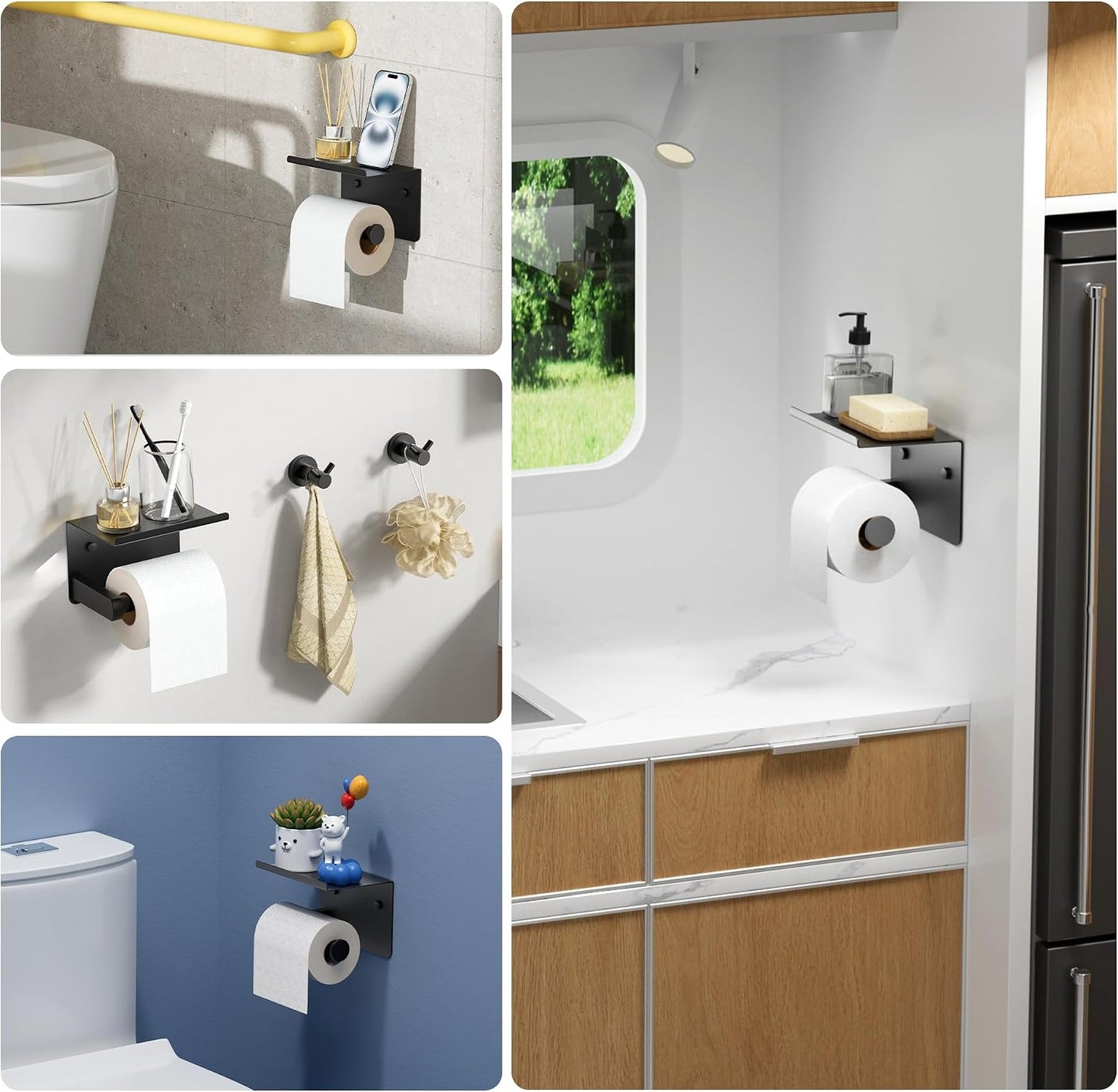 FORIOUS Toilet Paper Holder with Shelf, Adhesive or Screw, Commercial | Brushed Nickel | Wall Mount Bathroom Tissue Holder | SUS304 Stainless Steel Rustproof | Bathroom Tissue Roll Holder