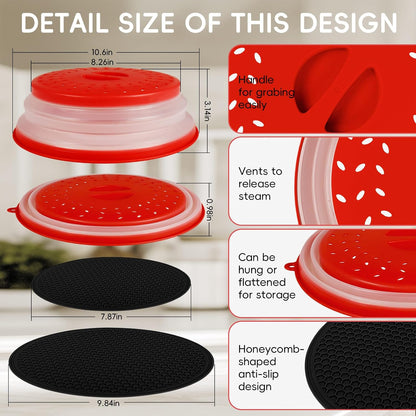 10.6“ Collapsible Microwave Splatter Cover for Food & Silicone Microwave Mat, Mat as Bowl Holder, Trivet, Pot Holders, Baking, Utensils Rest for Kitchen Counter, Dishwasher Safe (Grey)