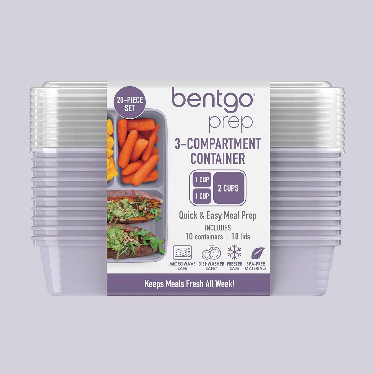 Bentgo Prep 3-Compartment Meal Prep Containers with Lids, 20 Piece Set | 4-Cup Capacity, Portion Control, Stackable, Microwave, Freezer & Dishwasher-Safe, PFAS & BPA-Free (Navy Blue)