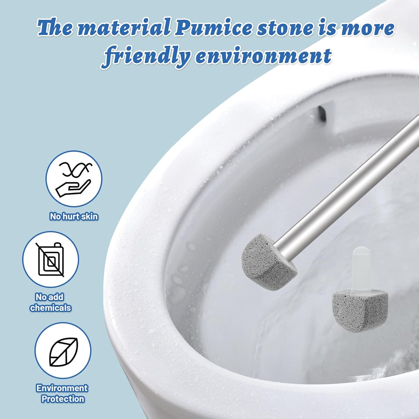 Pumice Toilet Cleaner 17in, Hard Water Stain Remover for Pool & Tub, (1+8) | Natural pumice set. Removes rust, lime & hard water rings from tubs, pools & tiles. Long handle. Easy refill.