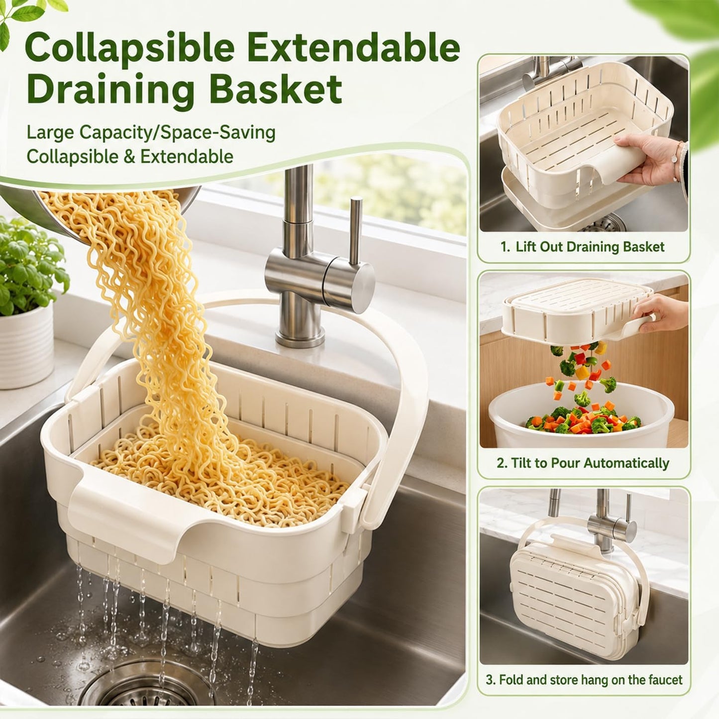 Foldable Hanging Sink Drain Basket, 2026 Upgraded Foldable Kitchen Sink Strainer, Hanging Foldable Fruit and Vegetable Filter Basket, Suitable for Kitchen Sinks, Easy to Store, Space-Saving (green)