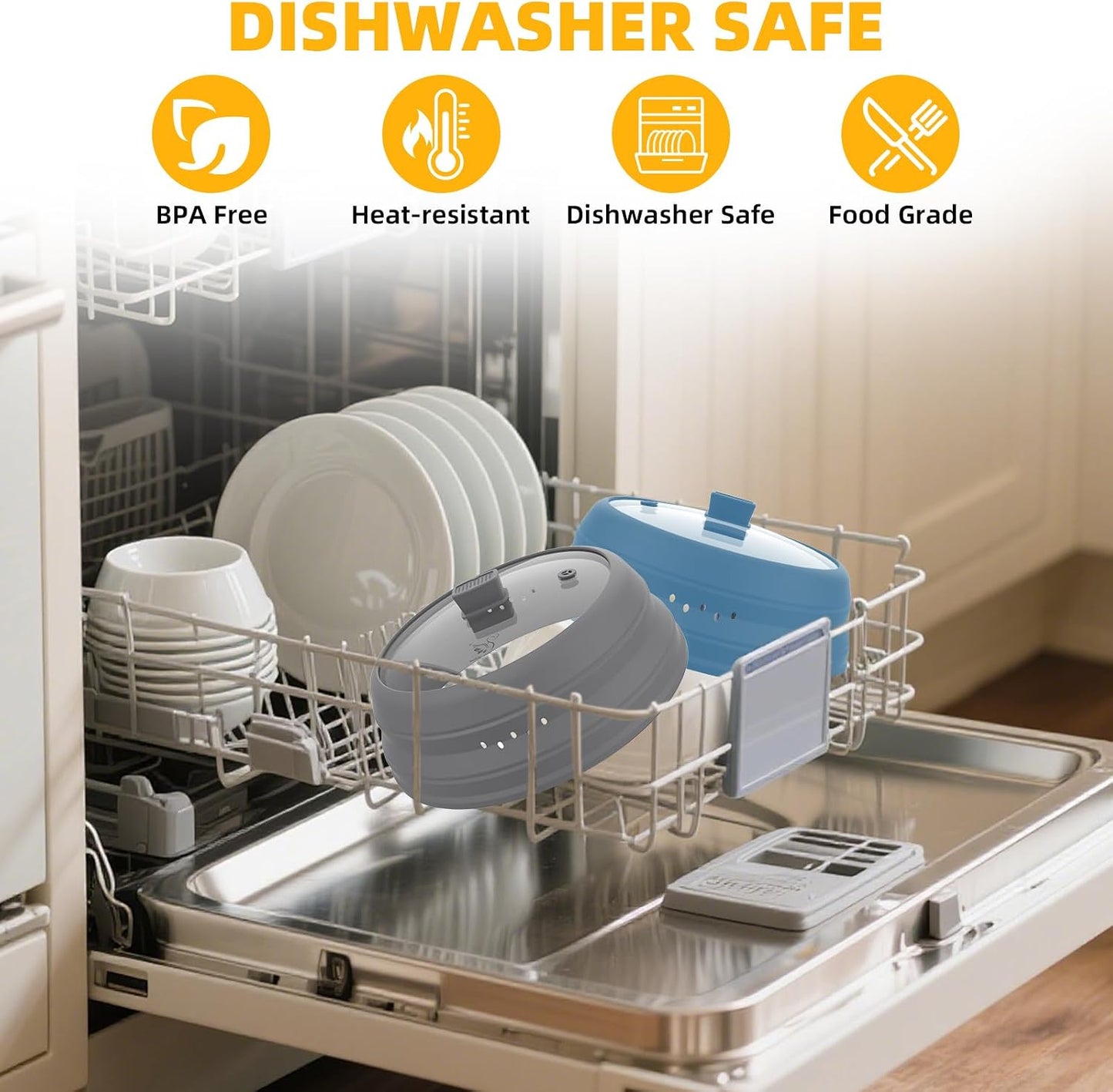 Microwave Splatter Cover Glass Guard Lid with Collapsible Silicone for Food Pot Plate Cover 9.8 inch Dark Blue