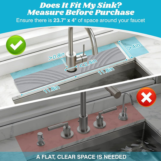SpaceHacks Stone Faucet Mat for Kitchen Sink 23.7x4 in, Light Gray
