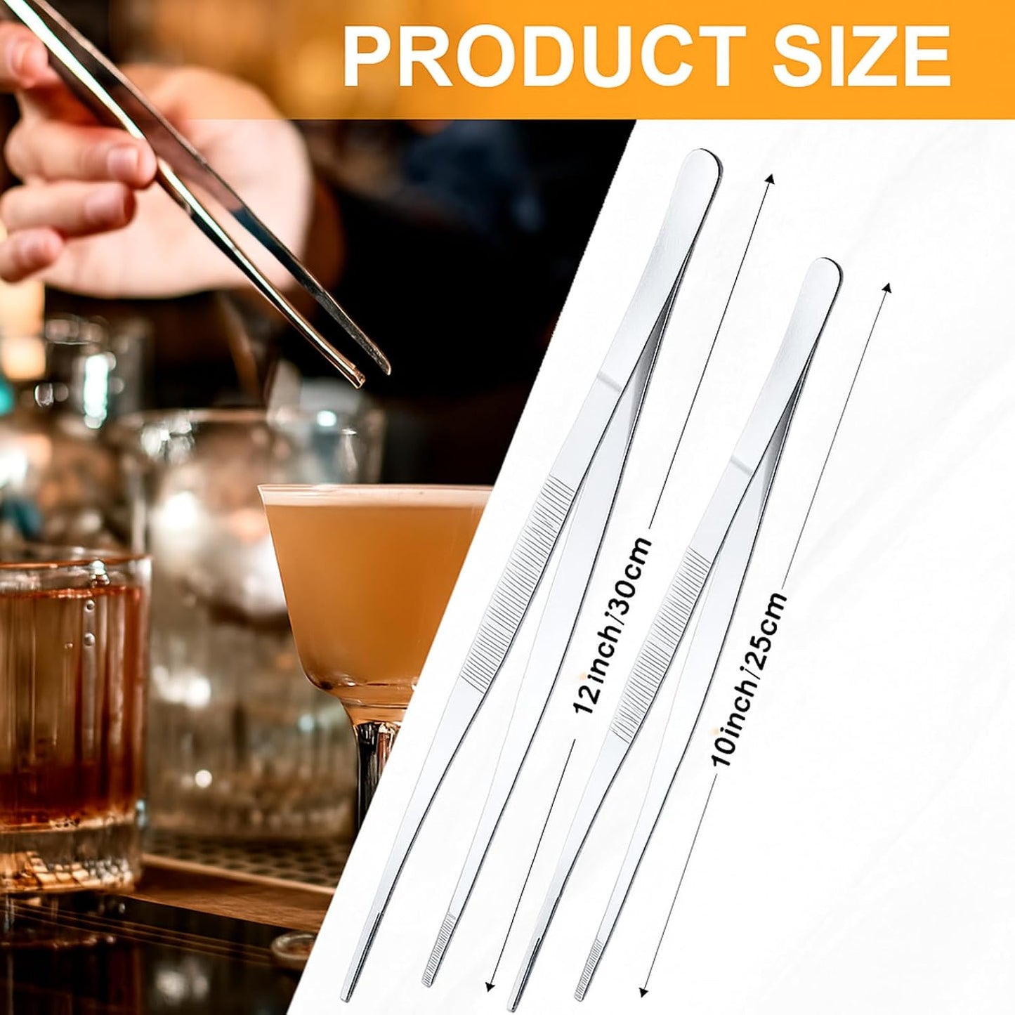 Yaomiao 4 Packs Bar Tweezers Long Garnish Tongs Bar Tweezers Stainless Steel Korean Bbq Tongs for Bartender Cocktail Cooking Food(Silver,8 Inch)