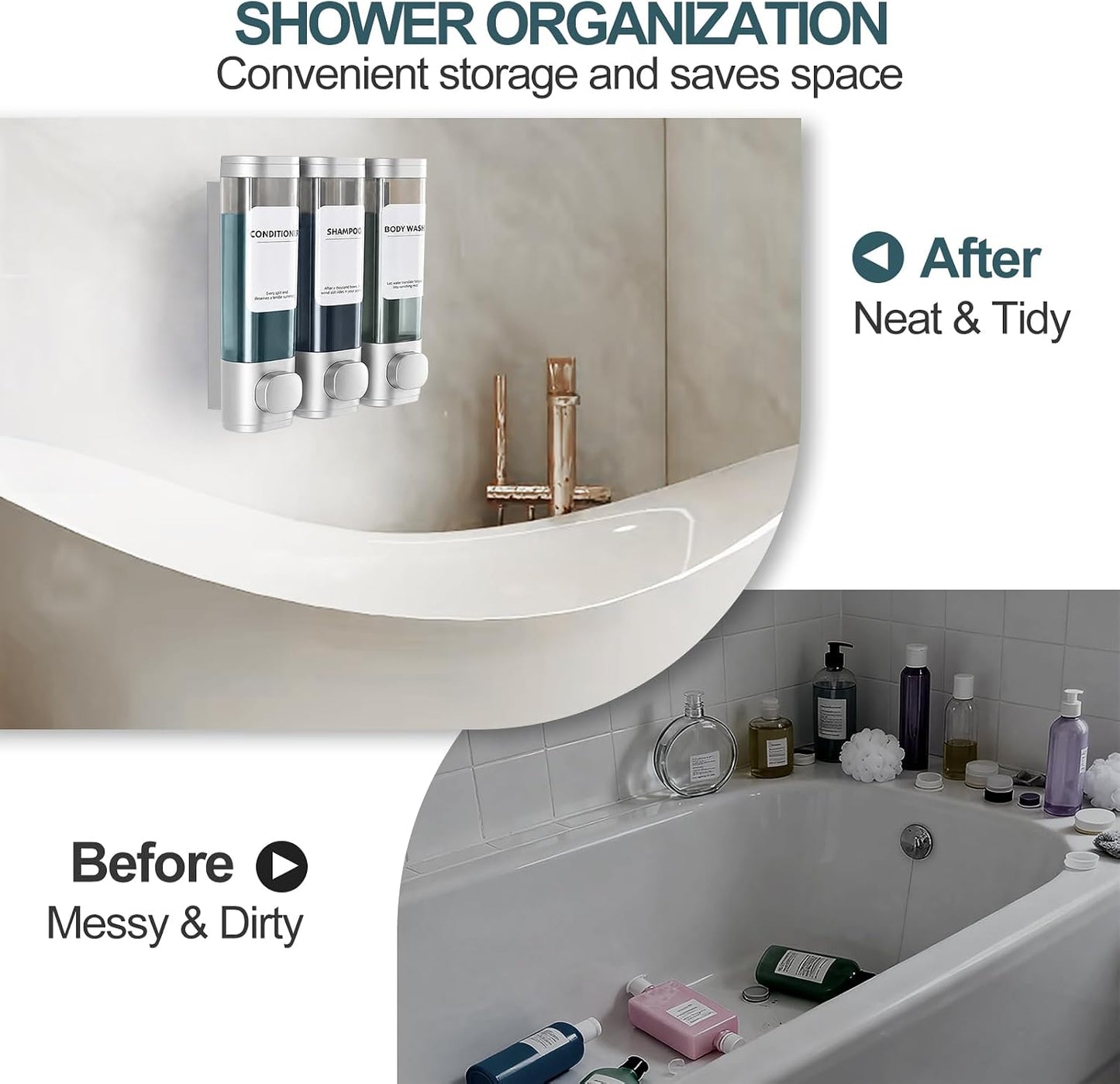 Shampoo Conditioner Shower Soap Dispenser 3 Chamber Wall Mount Black | Refillable. Leakproof 900ml. No-Drill Wall Mount. Soap, Shampoo, Conditioner, Body Wash, Shower Gel, Bathroom Set. BPA-Free.